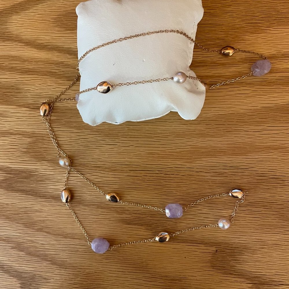 925 Italy - 36 inch Gold chain, pearls, nuggets and Amethyst crystals